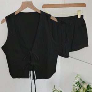 Comfortcana Femmes Débardeur court unicolore à nouer devant et short Ensemble 2 pièces décontracté Vêtements d'été Femmes Ensemble deux pièces