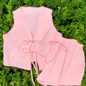 Comfortcana Femmes Débardeur court unicolore à nouer devant et short Ensemble 2 pièces décontracté Vêtements d'été Femmes Ensemble deux pièces