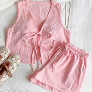 Comfortcana Femmes Débardeur court unicolore à nouer devant et short Ensemble 2 pièces décontracté Vêtements d'été Femmes Ensemble deux pièces