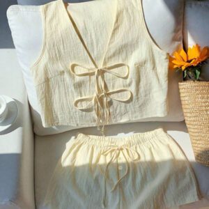 Comfortcana Femmes Débardeur court unicolore à nouer devant et short Ensemble 2 pièces décontracté Vêtements d'été Femmes Ensemble deux pièces