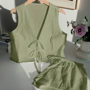Comfortcana Femmes Débardeur court unicolore à nouer devant et short Ensemble 2 pièces décontracté Vêtements d'été Femmes Ensemble deux pièces