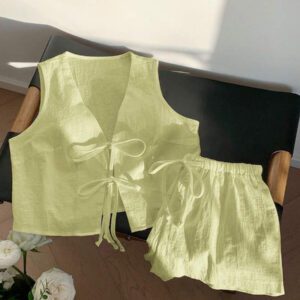 Comfortcana Femmes Débardeur court unicolore à nouer devant et short Ensemble 2 pièces décontracté Vêtements d'été Femmes Ensemble deux pièces