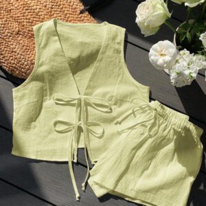Comfortcana Femmes Débardeur court unicolore à nouer devant et short Ensemble 2 pièces décontracté Vêtements d'été Femmes Ensemble deux pièces