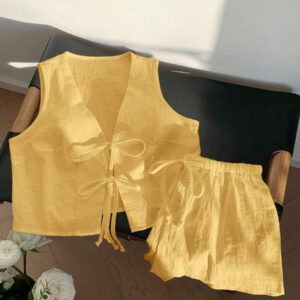 Comfortcana Femmes Débardeur court unicolore à nouer devant et short Ensemble 2 pièces décontracté Vêtements d'été Femmes Ensemble deux pièces