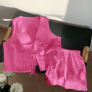 Comfortcana Femmes Débardeur court unicolore à nouer devant et short Ensemble 2 pièces décontracté Vêtements d'été Femmes Ensemble deux pièces
