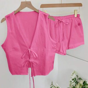 Comfortcana Femmes Débardeur court unicolore à nouer devant et short Ensemble 2 pièces décontracté Vêtements d'été Femmes Ensemble deux pièces