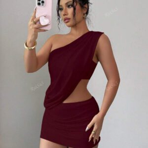 Ces hauts asymétriques à une épaule de couleur unie et ces mini-jupes moulantes taille haute, tenues élégantes, sexy et décontractées convenant aux fêtes, aux rendez-vous, à la plage, aux mariages et à la maison