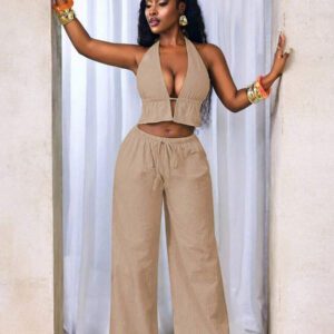 BamGleam 2 pièces Femmes Style Décontracté Couleur Unie Coton Doux ras-du-cou Sexy Dos Nu Sans Manches Débardeur Et Pantalon Long Taille Basse Loisir Costume, Style Vacances