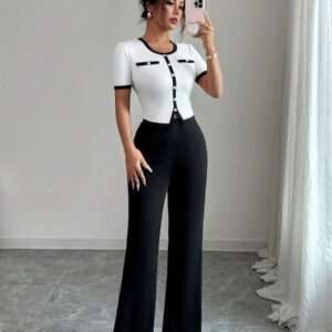 Elenzga Ensemble femme 2 pièces, top à col carré manches courtes et pantalon évasé long, style casual élégant en couleurs contrastées