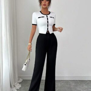 Elenzga Ensemble femme 2 pièces, top à col carré manches courtes et pantalon évasé long, style casual élégant en couleurs contrastées