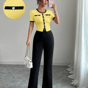 Elenzga Ensemble femme 2 pièces, top à col carré manches courtes et pantalon évasé long, style casual élégant en couleurs contrastées