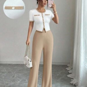 Elenzga Ensemble femme 2 pièces, top à col carré manches courtes et pantalon évasé long, style casual élégant en couleurs contrastées