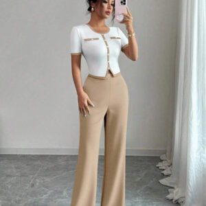 Elenzga Ensemble femme 2 pièces, top à col carré manches courtes et pantalon évasé long, style casual élégant en couleurs contrastées