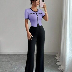 Elenzga Ensemble femme 2 pièces, top à col carré manches courtes et pantalon évasé long, style casual élégant en couleurs contrastées