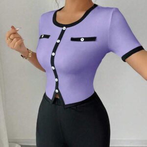 Elenzga Ensemble femme 2 pièces, top à col carré manches courtes et pantalon évasé long, style casual élégant en couleurs contrastées