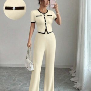 Elenzga Ensemble femme 2 pièces, top à col carré manches courtes et pantalon évasé long, style casual élégant en couleurs contrastées