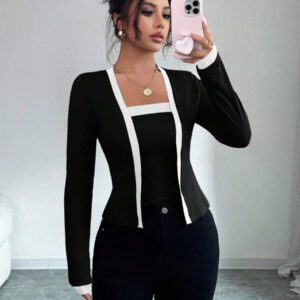 Elenzga Ensemble 2 pièces de veste et gilet élégant en tricot patchwork pour femmes, pour le printemps/automne
