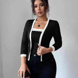 Elenzga Ensemble 2 pièces de veste et gilet élégant en tricot patchwork pour femmes, pour le printemps/automne