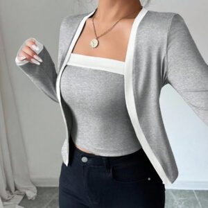 Elenzga Ensemble 2 pièces de veste et gilet élégant en tricot patchwork pour femmes, pour le printemps/automne