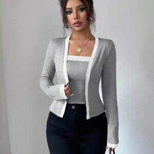 Elenzga Ensemble 2 pièces de veste et gilet élégant en tricot patchwork pour femmes, pour le printemps/automne