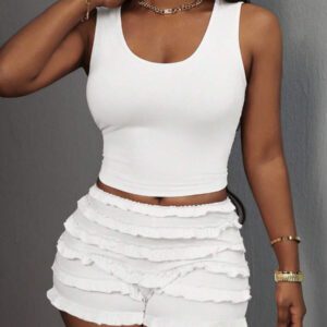 Slaydiva Débardeur décontracté et mignon style Y2K Baddie à encolure en U sans manches et short à volants multicouches - rose