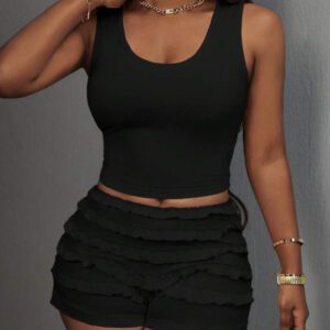 Slaydiva Débardeur décontracté et mignon style Y2K Baddie à encolure en U sans manches et short à volants multicouches - rose
