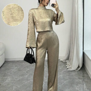 Elenzga 2 pièces/Set Pantalon large et crop top à col montant court pour femmes, élégante couleur or rose, convient pour les vacances et la Saint-Valentin, printemps/été