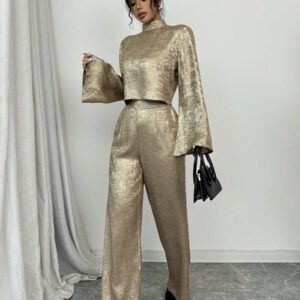 Elenzga 2 pièces/Set Pantalon large et crop top à col montant court pour femmes, élégante couleur or rose, convient pour les vacances et la Saint-Valentin, printemps/été