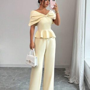 Elenzga Ensemble de 2 pièces élégant et romantique pour femmes, avec épaules dénudées, volants à la taille et coupe évasée, en jaune crème, pour les vacances ou les trajets quotidiens