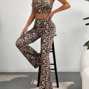 SHEIN EZwear Ensemble léopard composé d'un haut bandeau moulant court et de pantalons évasés à imprimé léopard