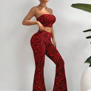 SHEIN EZwear Ensemble léopard composé d'un haut bandeau moulant court et de pantalons évasés à imprimé léopard