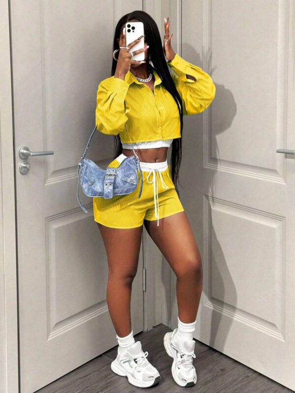 BamGleam Femmes Ensemble 2 pièces Top à manches longues rayé avec boutons et shorts, Décontracté – Image 16
