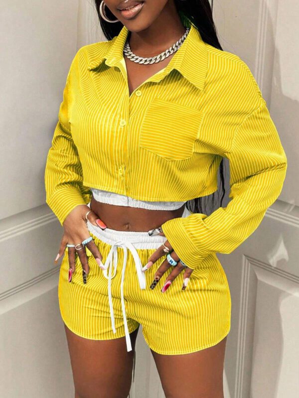 BamGleam Femmes Ensemble 2 pièces Top à manches longues rayé avec boutons et shorts, Décontracté – Image 18