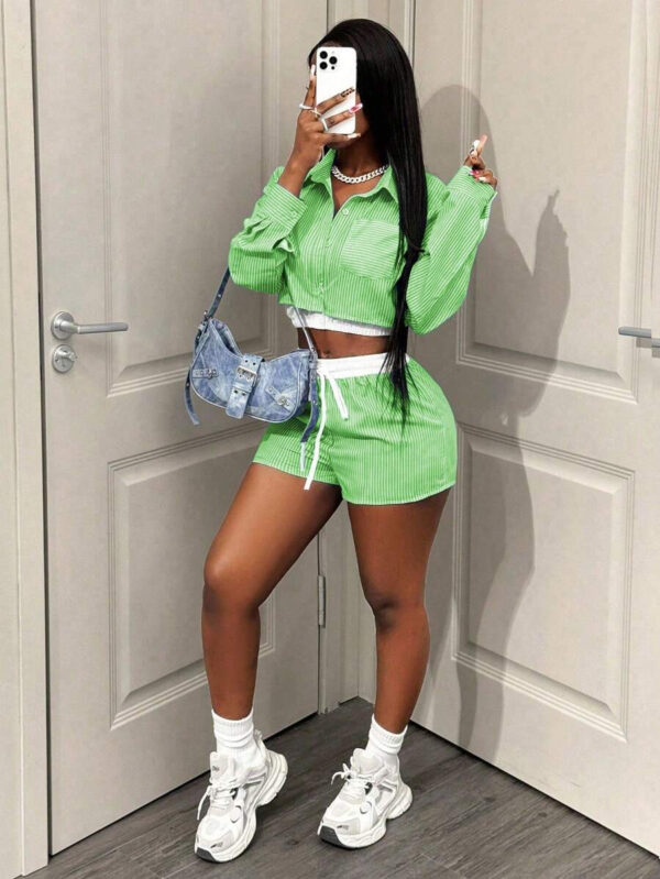 BamGleam Femmes Ensemble 2 pièces Top à manches longues rayé avec boutons et shorts, Décontracté – Image 41