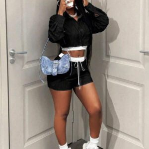 BamGleam Femmes Ensemble 2 pièces Top à manches longues rayé avec boutons et shorts, Décontracté