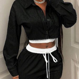 BamGleam Femmes Ensemble 2 pièces Top à manches longues rayé avec boutons et shorts, Décontracté