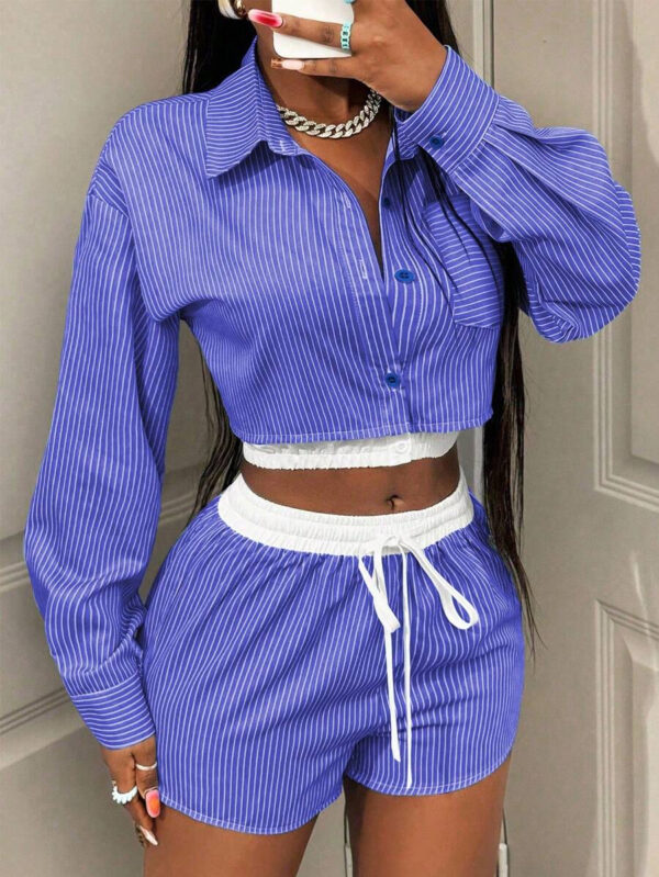 BamGleam Femmes Ensemble 2 pièces Top à manches longues rayé avec boutons et shorts, Décontracté – Image 60
