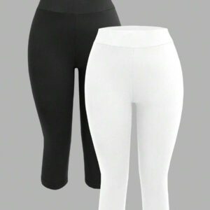 SHEIN EZwear 2 pièces Pantalons capri moulants pour femmes, noir et blanc, décontractés pour l'été