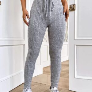 SHEIN EZwear Legging côtelé fendu à nœud de couleur unie pour femmes