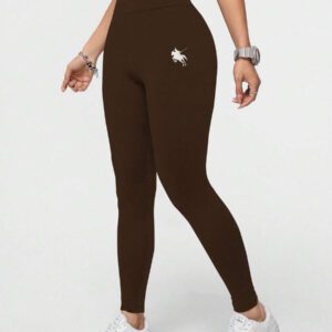 SHEIN Essnce Leggings longs slim à taille haute avec graphique de sport équestre, convient pour le printemps et l'été