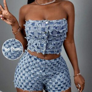 Slaydiva Crop top en jean pour femmes, bleu sexy et ajusté sans bretelles