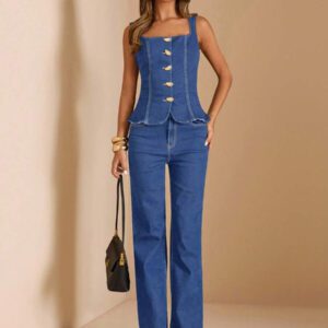 SHEIN BAE Top en jean sans manches avec fermeture à boutons devant pour femmes, décontracté pour l'été, Top en jean sans manches avec boutons devant, design d'été et élégant, coupe slim, style personnalisé
