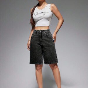 SHEIN EZwear Short en jean ample avec poches et motif de branches pour femme