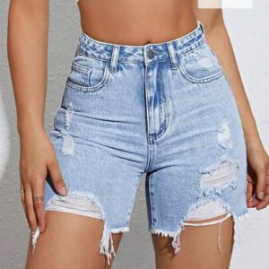 SHEIN EZwear Shorts en jean déchirés, coupe ajustée et décontractée pour l'été avec ourlet effrangé