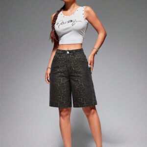 SHEIN EZwear Short en jean ample avec poches et motif de branches pour femme