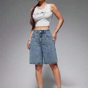SHEIN EZwear Short en jean ample avec poches et motif de branches pour femme