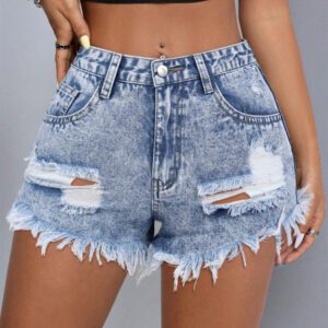 SHEIN PETITE Short en jean décontracté pour femmes avec poches et bas effiloché