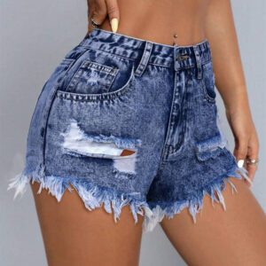 SHEIN PETITE Short en jean décontracté pour femmes avec poches et bas effiloché