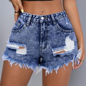 SHEIN PETITE Short en jean décontracté pour femmes avec poches et bas effiloché