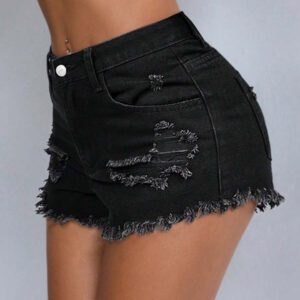 SHEIN PETITE Short en jean décontracté pour femmes avec poches et bas effiloché